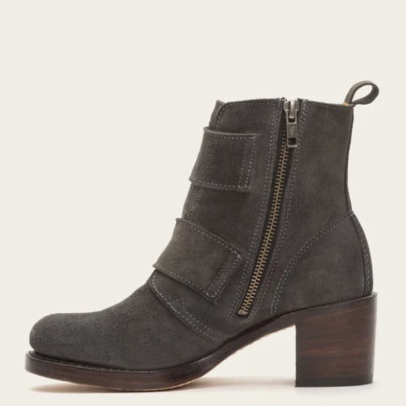 $399 Frye Sabrina Double Buckle Academia Grey Suede Leather Block Heel AnkleBoot - Picture 2 of 16